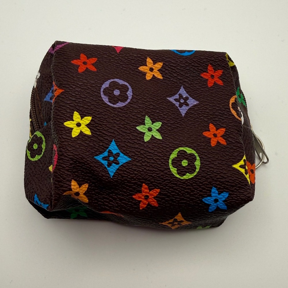 Small Zipper Pouch Cosmetic Bag Keychain Colorful Monogram Pattern Brown - Picture 2 of 5